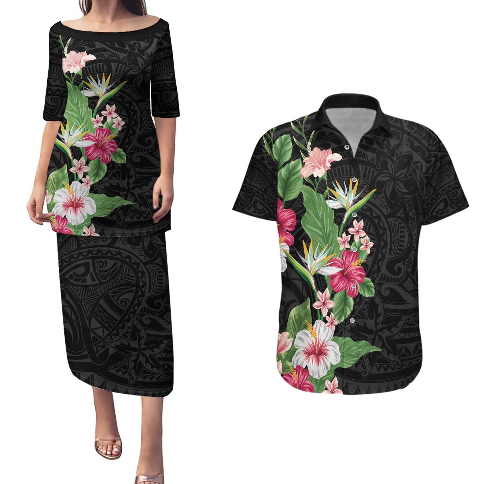 Hawaii Tropical Flowers Couples Matching Puletasi and Hawaiian Shirt Polynesian Tattoo Black LT05 Black - Polynesian Pride