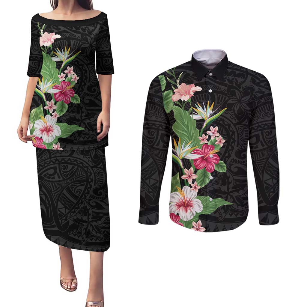 Hawaii Tropical Flowers Couples Matching Puletasi and Long Sleeve Button Shirt Polynesian Tattoo Black LT05 Black - Polynesian Pride