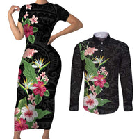 Hawaii Tropical Flowers Couples Matching Short Sleeve Bodycon Dress and Long Sleeve Button Shirt Polynesian Tattoo Black LT05 Black - Polynesian Pride