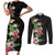 Hawaii Tropical Flowers Couples Matching Short Sleeve Bodycon Dress and Long Sleeve Button Shirt Polynesian Tattoo Black