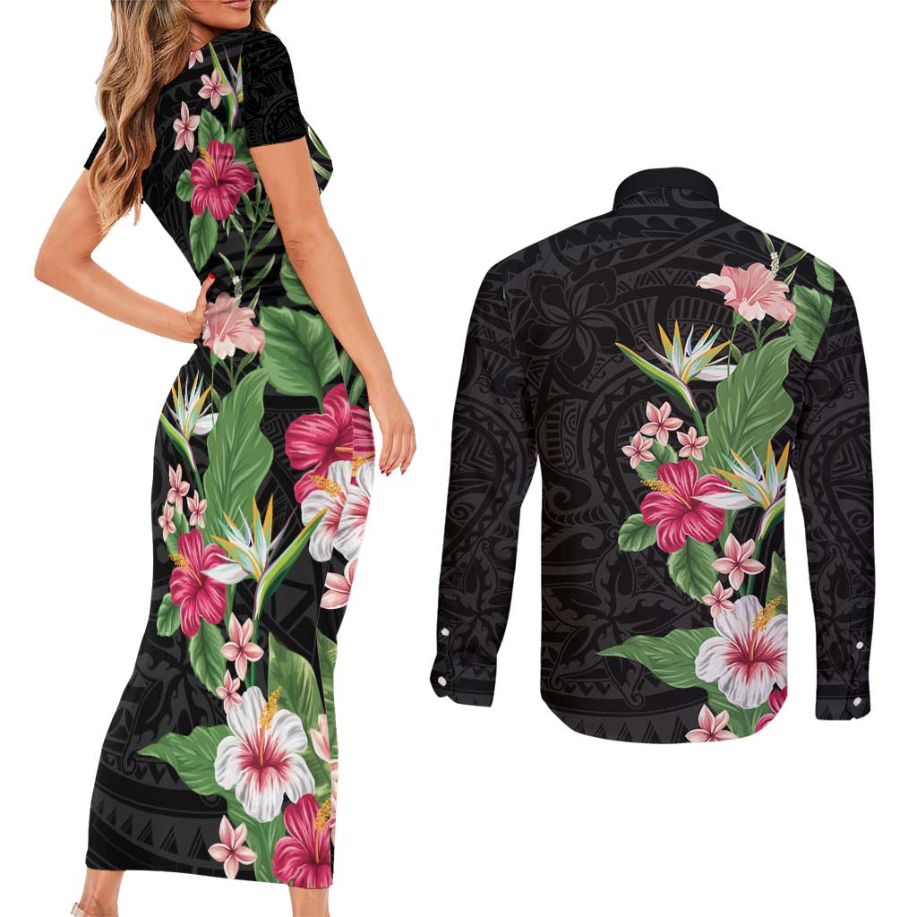 Hawaii Tropical Flowers Couples Matching Short Sleeve Bodycon Dress and Long Sleeve Button Shirt Polynesian Tattoo Black LT05 - Polynesian Pride