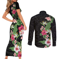 Hawaii Tropical Flowers Couples Matching Short Sleeve Bodycon Dress and Long Sleeve Button Shirt Polynesian Tattoo Black LT05 - Polynesian Pride