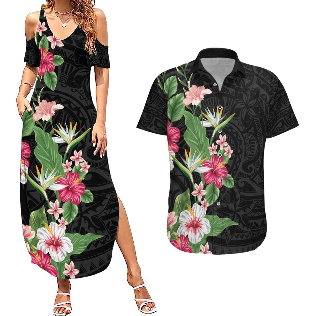 Hawaii Tropical Flowers Couples Matching Summer Maxi Dress and Hawaiian Shirt Polynesian Tattoo Black