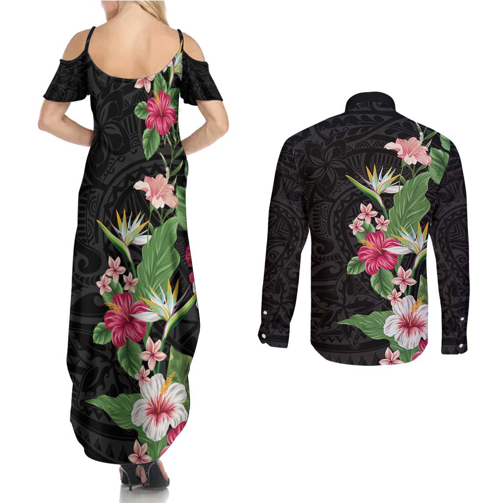 Hawaii Tropical Flowers Couples Matching Summer Maxi Dress and Long Sleeve Button Shirt Polynesian Tattoo Black LT05 - Polynesian Pride
