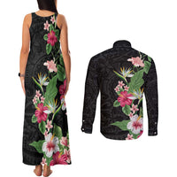 Hawaii Tropical Flowers Couples Matching Tank Maxi Dress and Long Sleeve Button Shirt Polynesian Tattoo Black LT05 - Polynesian Pride