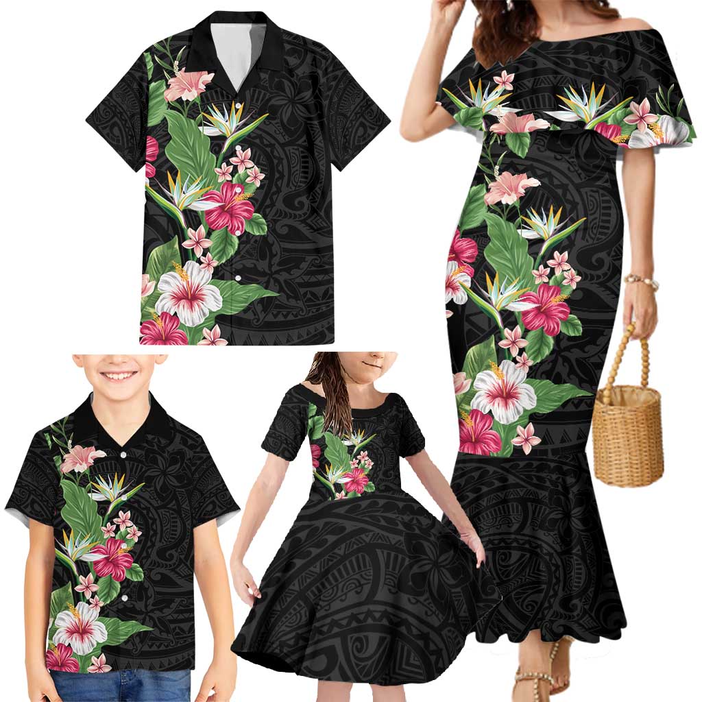 Hawaii Tropical Flowers Family Matching Mermaid Dress and Hawaiian Shirt Polynesian Tattoo Black