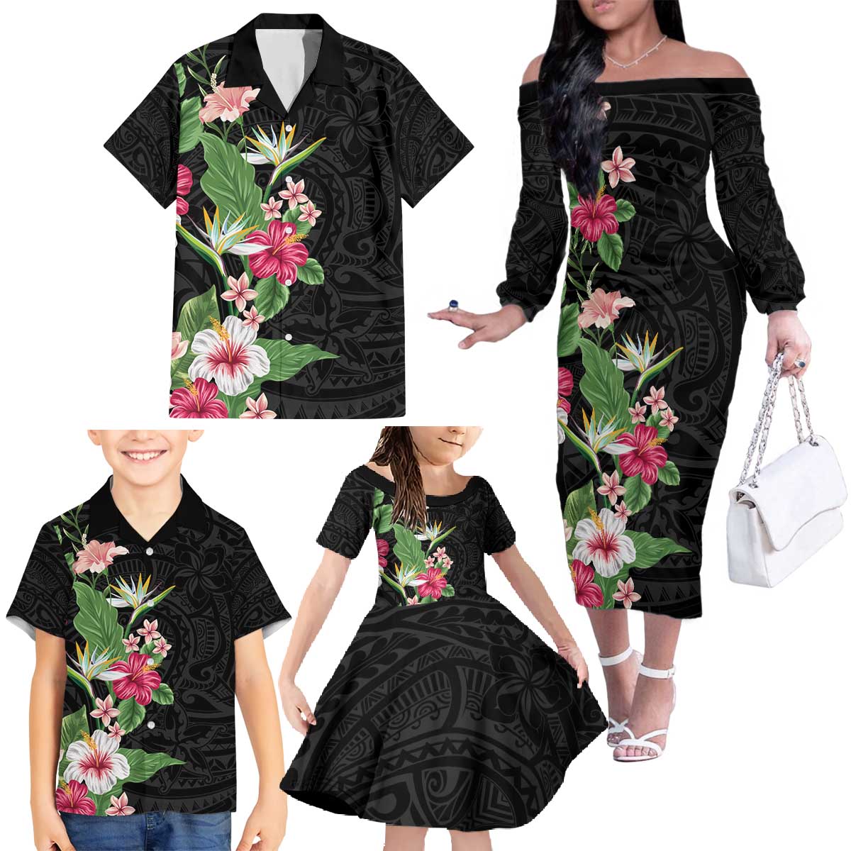 Hawaii Tropical Flowers Family Matching Off The Shoulder Long Sleeve Dress and Hawaiian Shirt Polynesian Tattoo Black