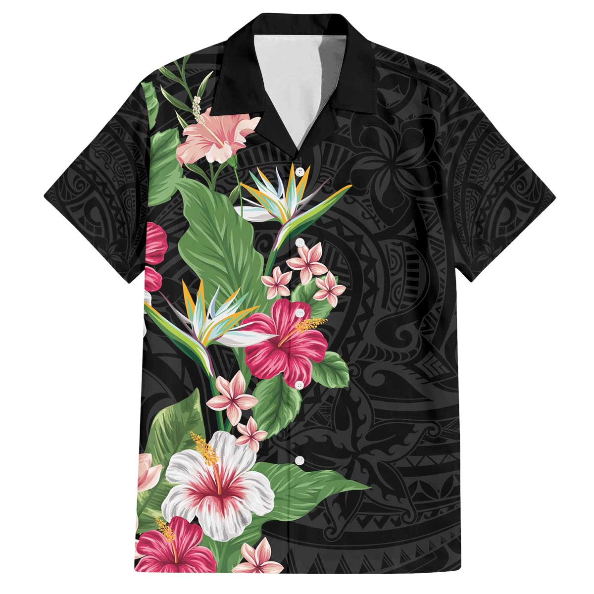 Hawaii Tropical Flowers Family Matching Off The Shoulder Long Sleeve Dress and Hawaiian Shirt Polynesian Tattoo Black
