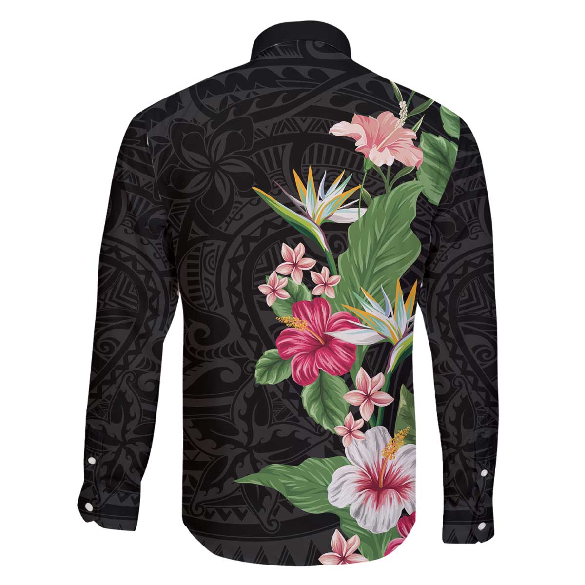 Hawaii Tropical Flowers Family Matching Off The Shoulder Long Sleeve Dress and Hawaiian Shirt Polynesian Tattoo Black
