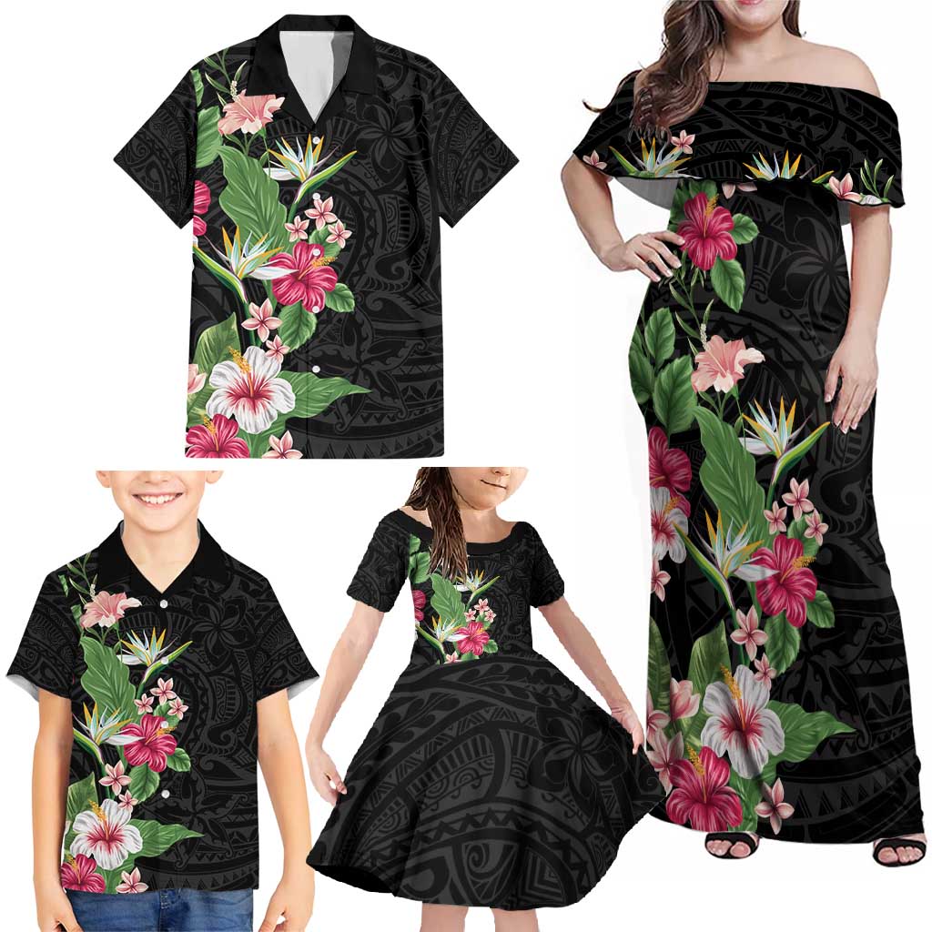 Hawaii Tropical Flowers Family Matching Off Shoulder Maxi Dress and Hawaiian Shirt Polynesian Tattoo Black