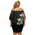 Hawaii Tropical Flowers Family Matching Off Shoulder Short Dress and Hawaiian Shirt Polynesian Tattoo Black