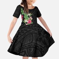 Hawaii Tropical Flowers Family Matching Puletasi and Hawaiian Shirt Polynesian Tattoo Black LT05 Daughter's Dress Black - Polynesian Pride