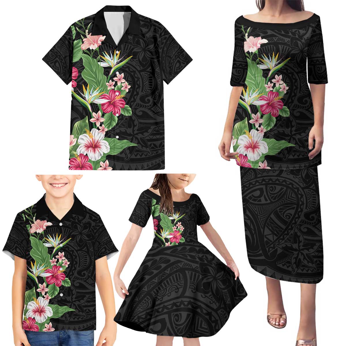Hawaii Tropical Flowers Family Matching Puletasi and Hawaiian Shirt Polynesian Tattoo Black LT05 - Polynesian Pride