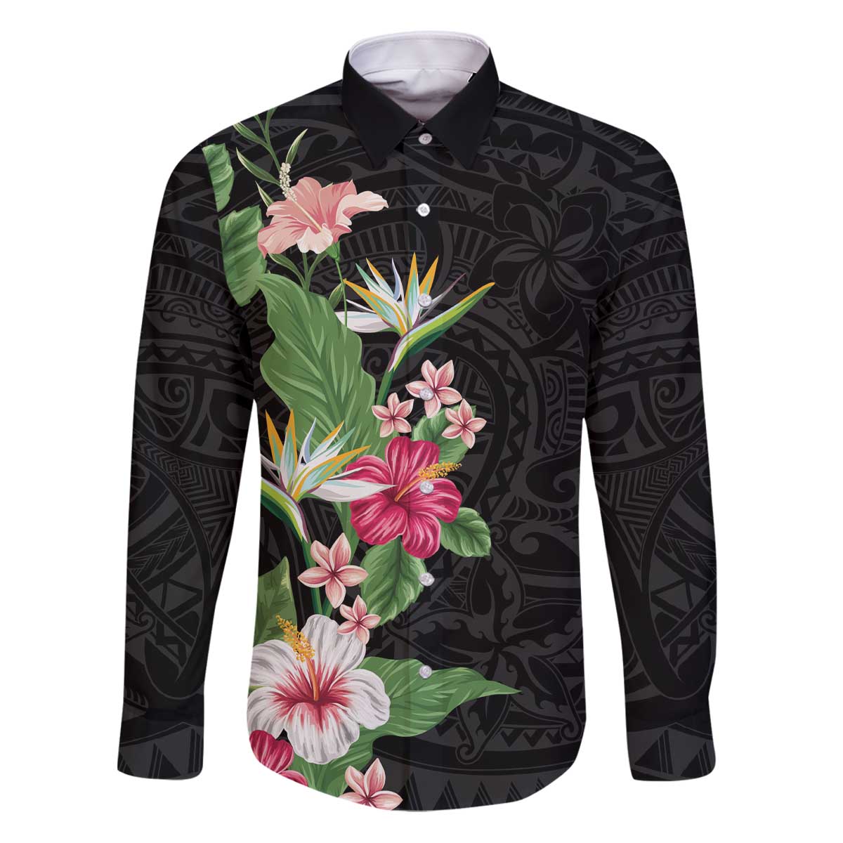 Hawaii Tropical Flowers Family Matching Puletasi and Hawaiian Shirt Polynesian Tattoo Black LT05 Dad's Shirt - Long Sleeve Black - Polynesian Pride