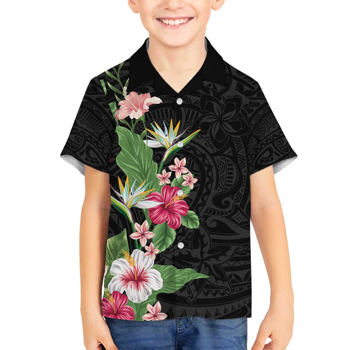 Hawaii Tropical Flowers Family Matching Puletasi and Hawaiian Shirt Polynesian Tattoo Black LT05 Son's Shirt Black - Polynesian Pride