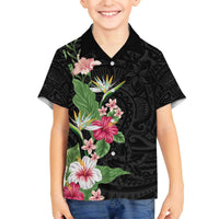 Hawaii Tropical Flowers Family Matching Puletasi and Hawaiian Shirt Polynesian Tattoo Black LT05 Son's Shirt Black - Polynesian Pride