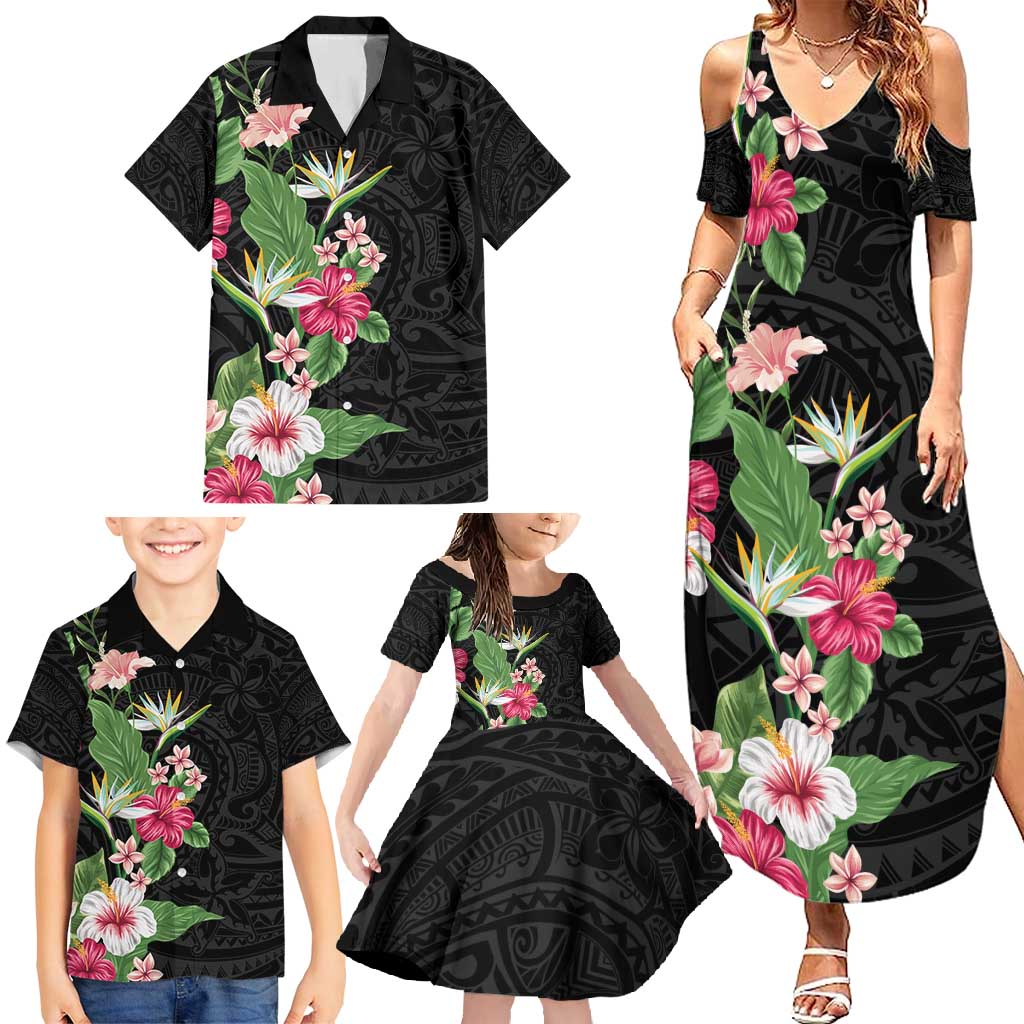 Hawaii Tropical Flowers Family Matching Summer Maxi Dress and Hawaiian Shirt Polynesian Tattoo Black