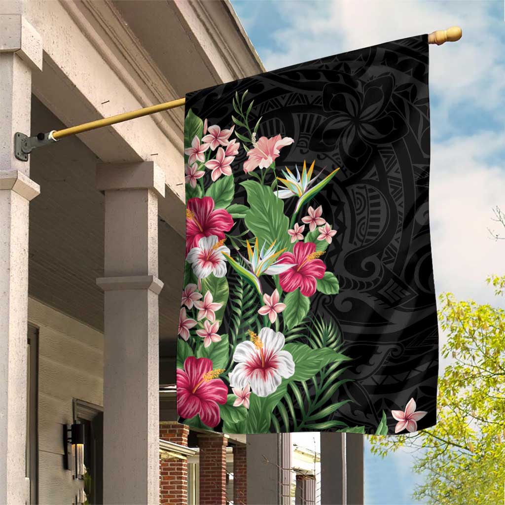 Hawaii Tropical Flowers Garden Flag Polynesian Tattoo Black