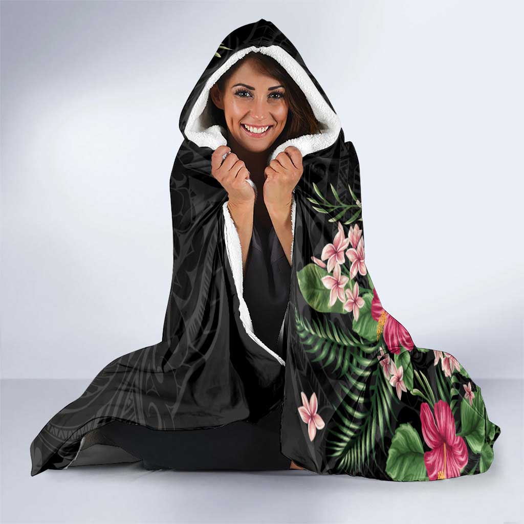 Hawaii Tropical Flowers Hooded Blanket Polynesian Tattoo Black LT05 - Polynesian Pride