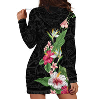 Hawaii Tropical Flowers Hoodie Dress Polynesian Tattoo Black LT05 - Polynesian Pride
