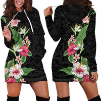 Hawaii Tropical Flowers Hoodie Dress Polynesian Tattoo Black LT05 - Polynesian Pride