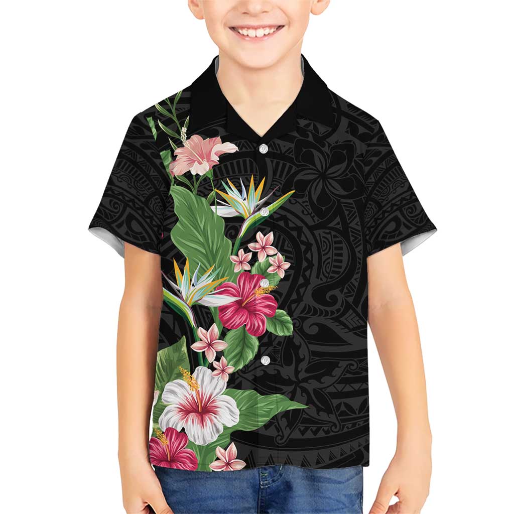 Hawaii Tropical Flowers Kid Hawaiian Shirt Polynesian Tattoo Black