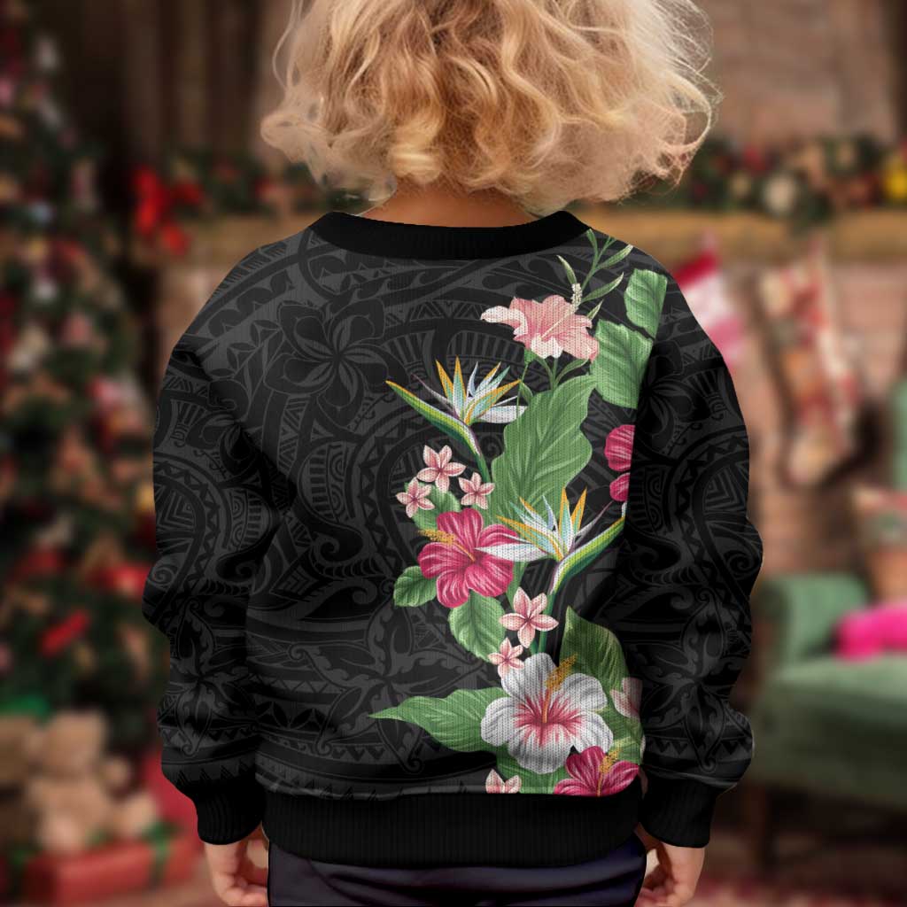 Hawaii Tropical Flowers Kid Ugly Christmas Sweater Polynesian Tattoo Black