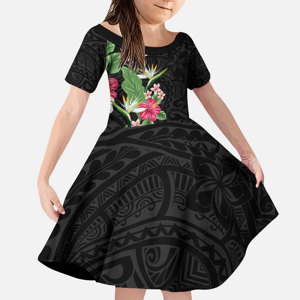 Hawaii Tropical Flowers Kid Short Sleeve Dress Polynesian Tattoo Black