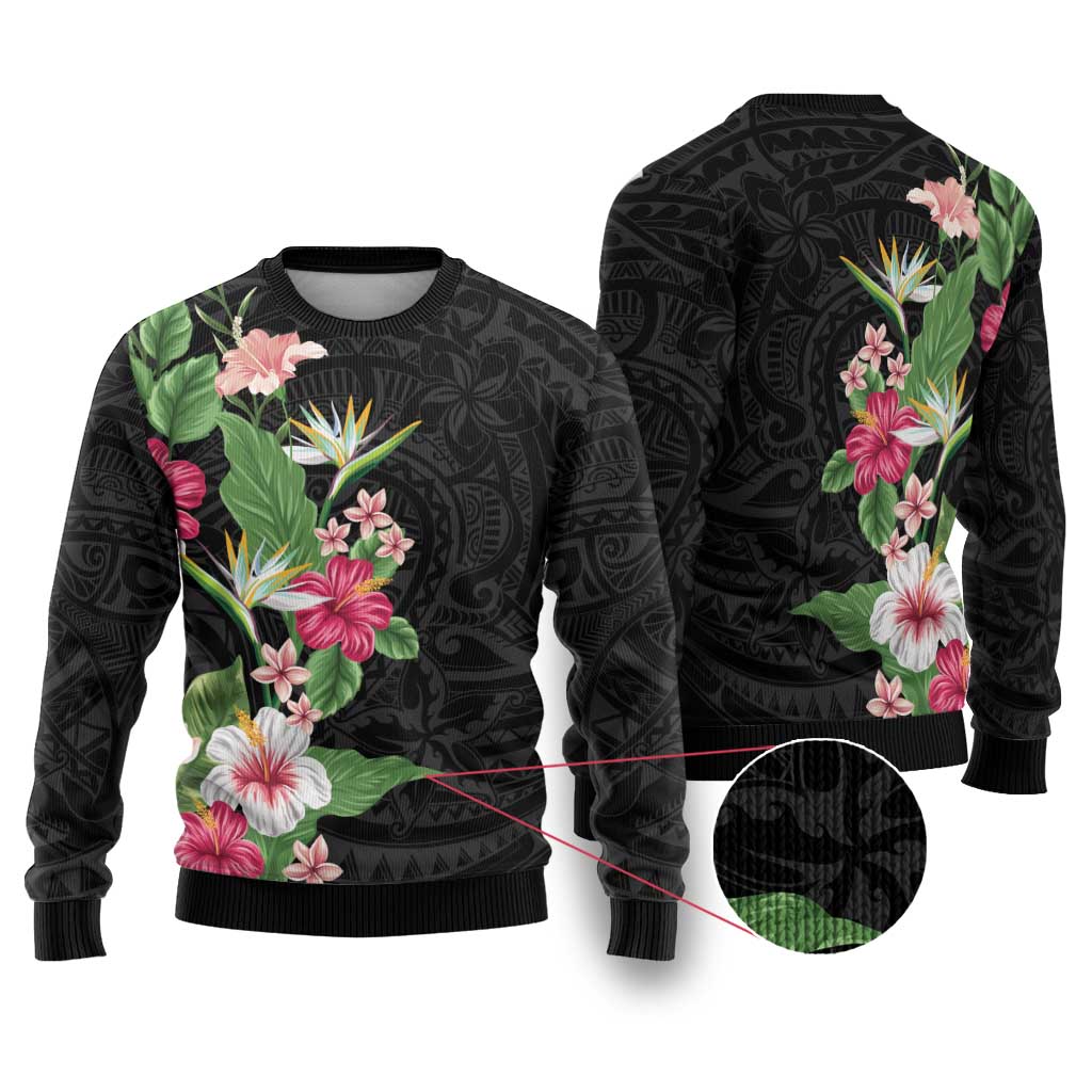 Hawaii Tropical Flowers Ugly Christmas Sweater Polynesian Tattoo Black