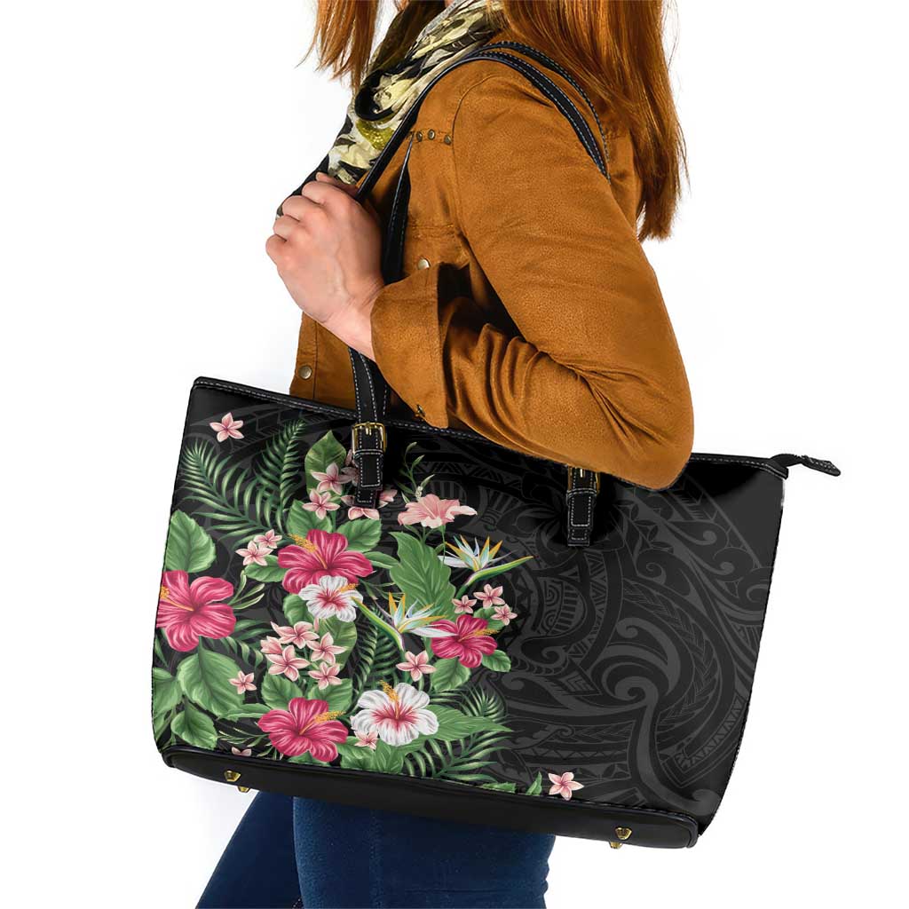 Hawaii Tropical Flowers Leather Tote Bag Polynesian Tattoo Black LT05 Black - Polynesian Pride