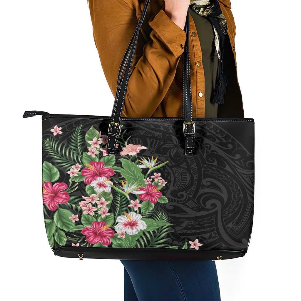 Hawaii Tropical Flowers Leather Tote Bag Polynesian Tattoo Black LT05 - Polynesian Pride