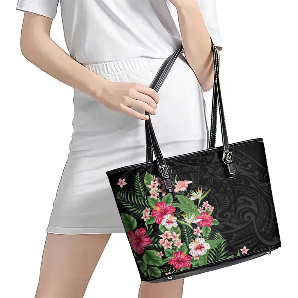 Hawaii Tropical Flowers Leather Tote Bag Polynesian Tattoo Black LT05 - Polynesian Pride