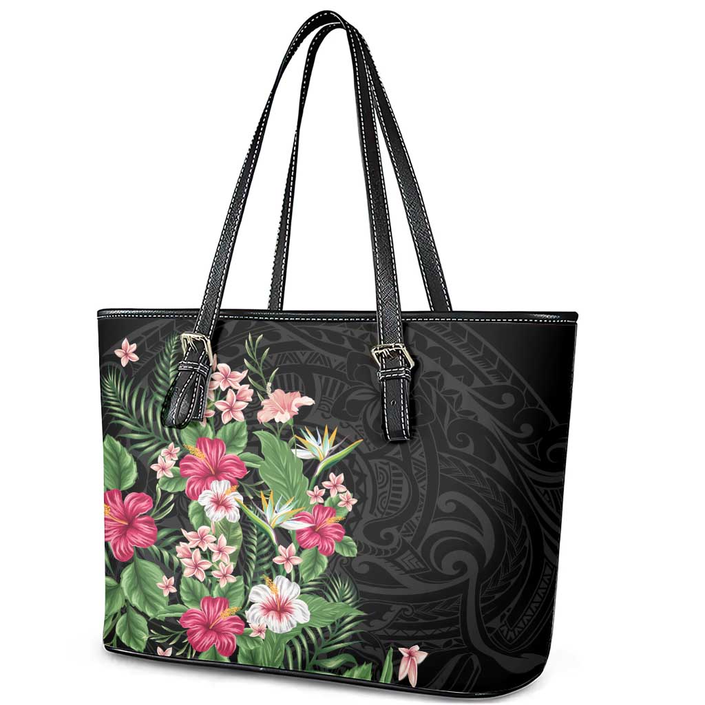 Hawaii Tropical Flowers Leather Tote Bag Polynesian Tattoo Black LT05 - Polynesian Pride