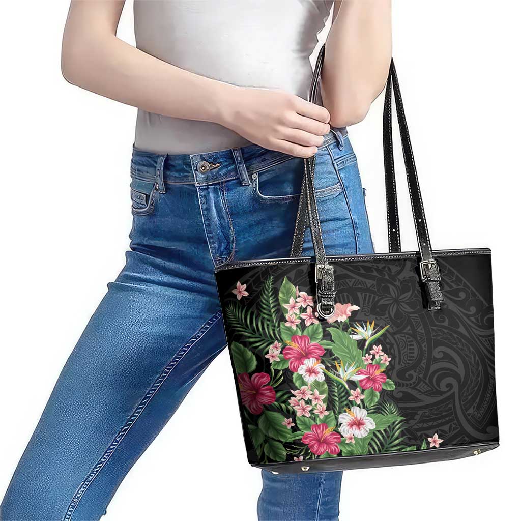 Hawaii Tropical Flowers Leather Tote Bag Polynesian Tattoo Black LT05 - Polynesian Pride