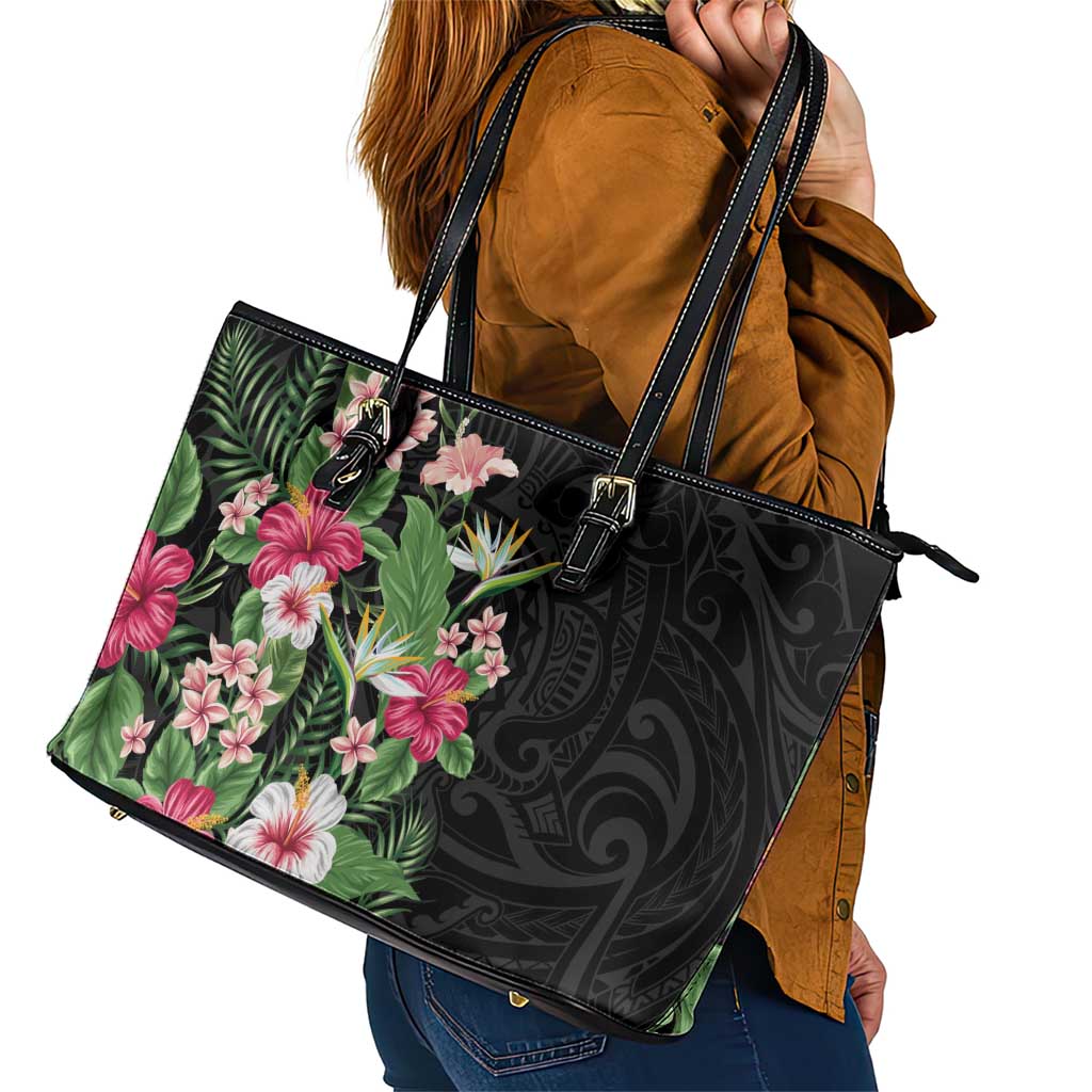 Hawaii Tropical Flowers Leather Tote Bag Polynesian Tattoo Black LT05 - Polynesian Pride