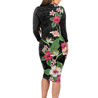 Hawaii Tropical Flowers Long Sleeve Bodycon Dress Polynesian Tattoo Black