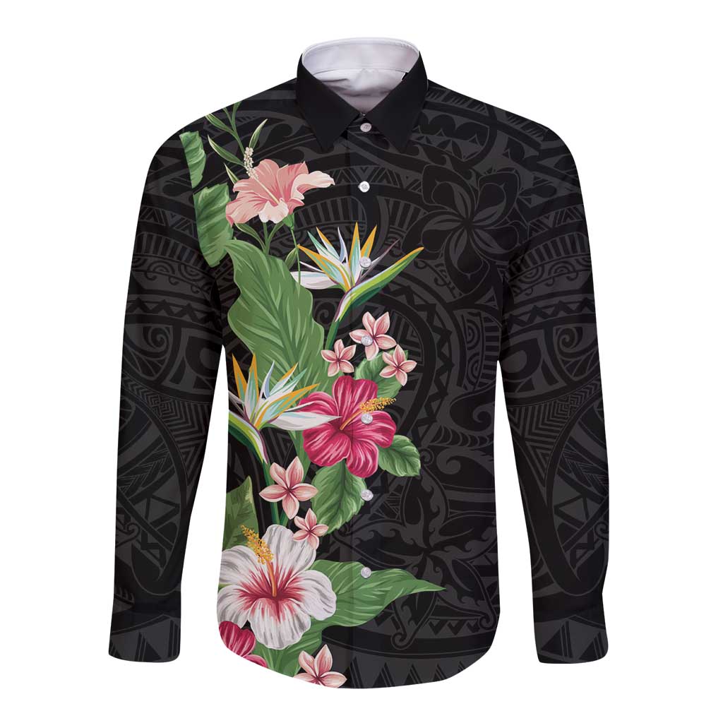 Hawaii Tropical Flowers Long Sleeve Button Shirt Polynesian Tattoo Black