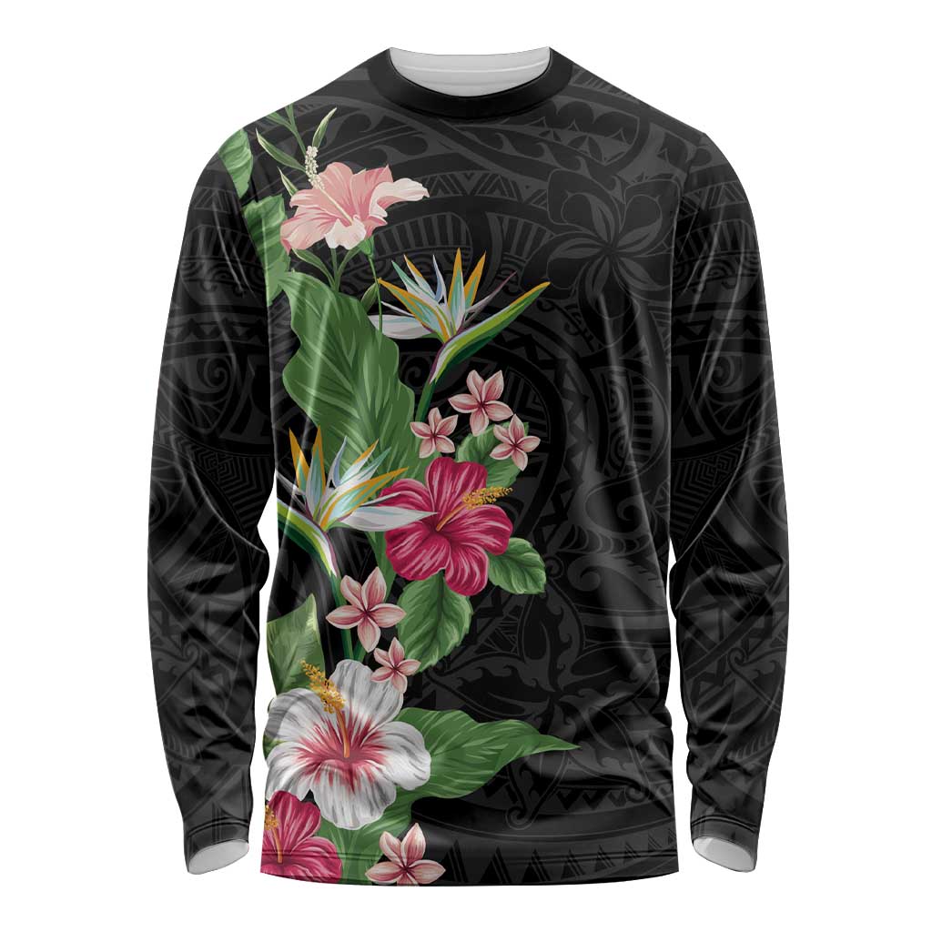 Hawaii Tropical Flowers Long Sleeve Shirt Polynesian Tattoo Black