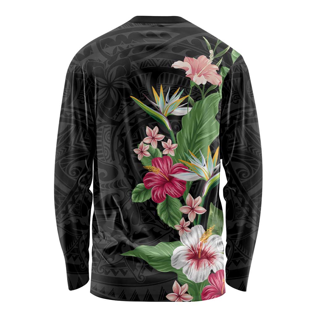 Hawaii Tropical Flowers Long Sleeve Shirt Polynesian Tattoo Black