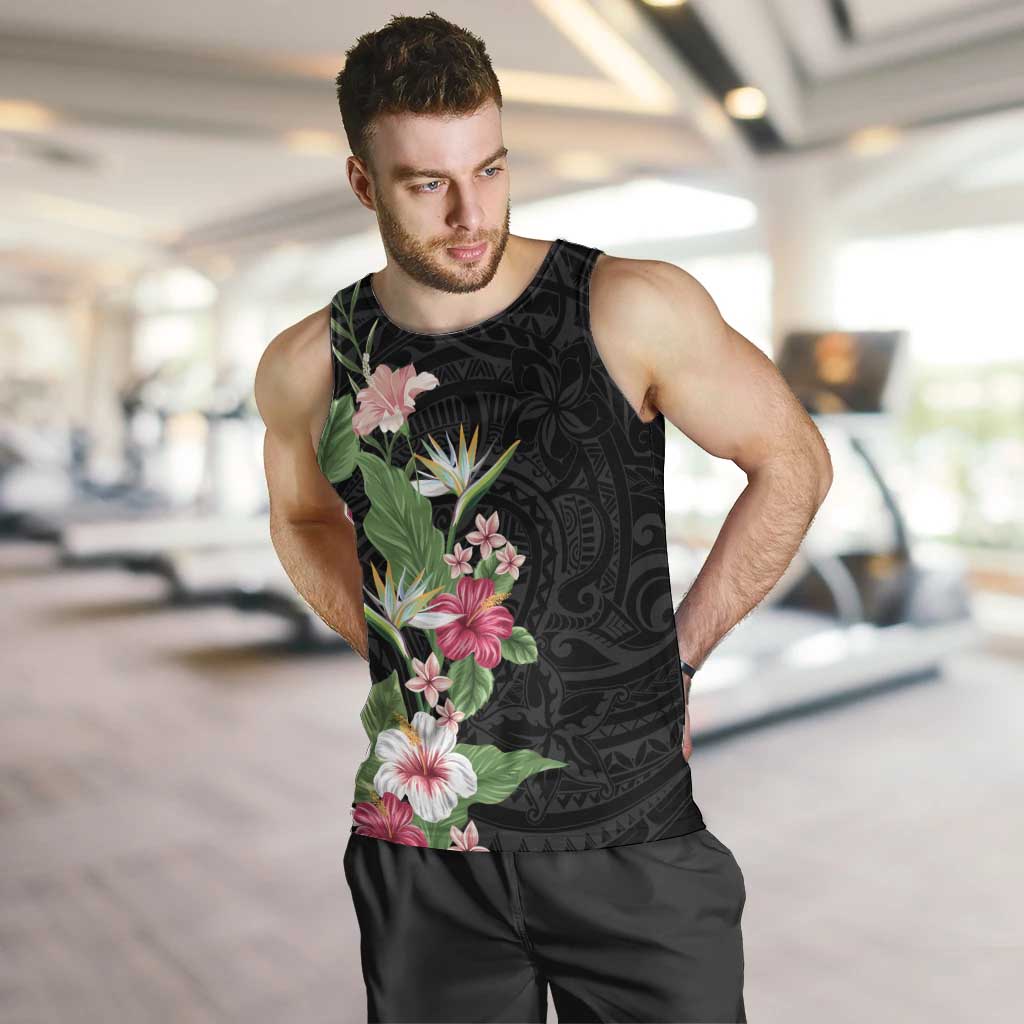 Hawaii Tropical Flowers Men Tank Top Polynesian Tattoo Black LT05 Black - Polynesian Pride