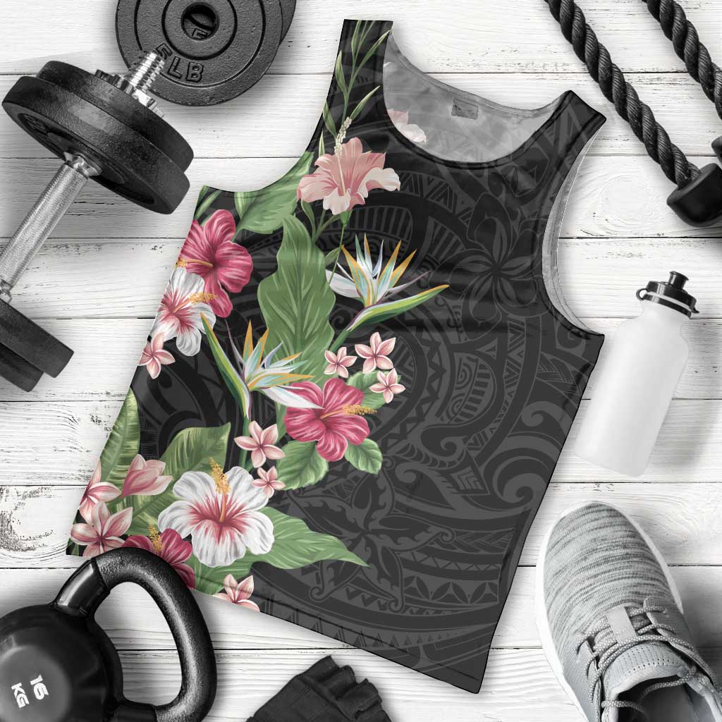 Hawaii Tropical Flowers Men Tank Top Polynesian Tattoo Black LT05 - Polynesian Pride