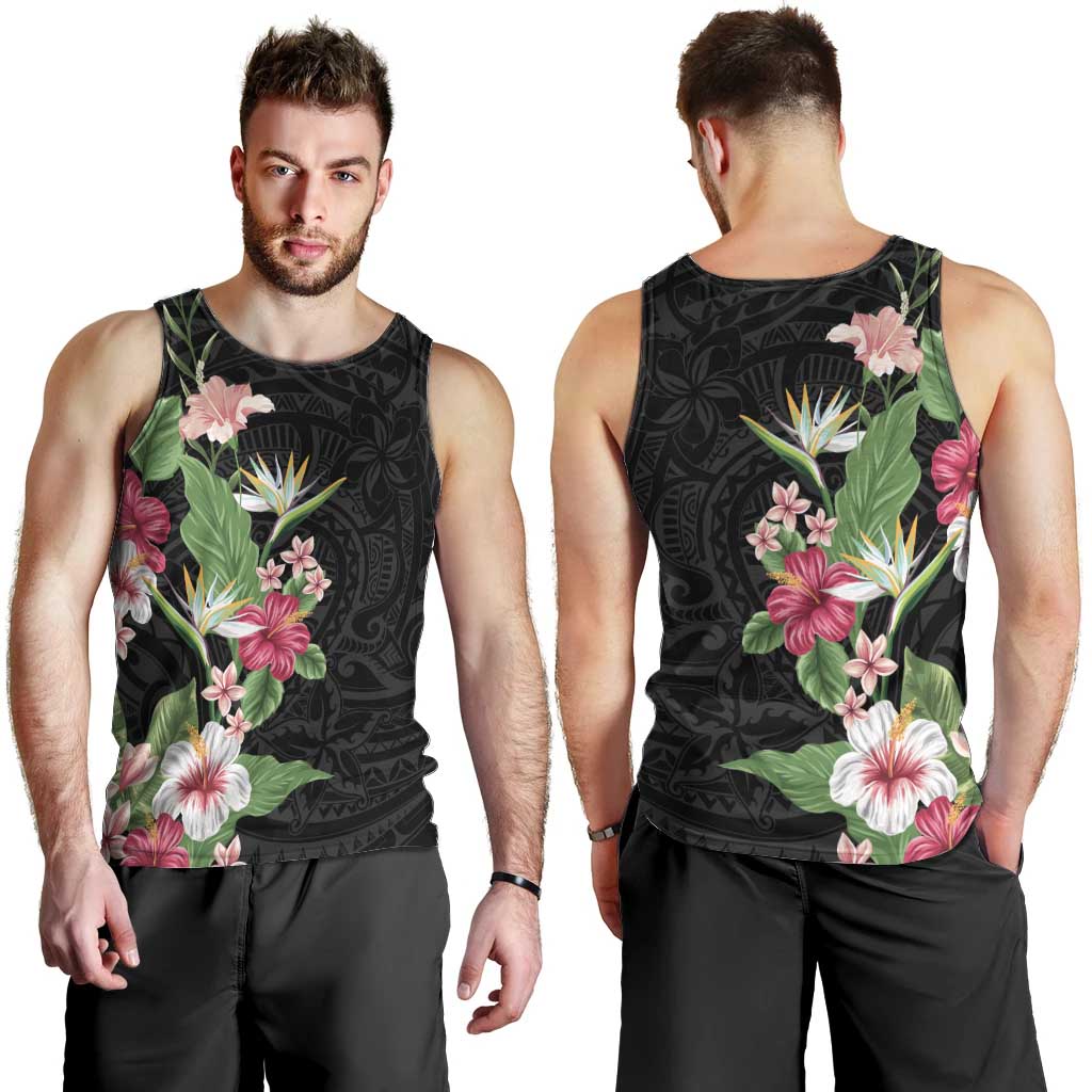 Hawaii Tropical Flowers Men Tank Top Polynesian Tattoo Black LT05 - Polynesian Pride