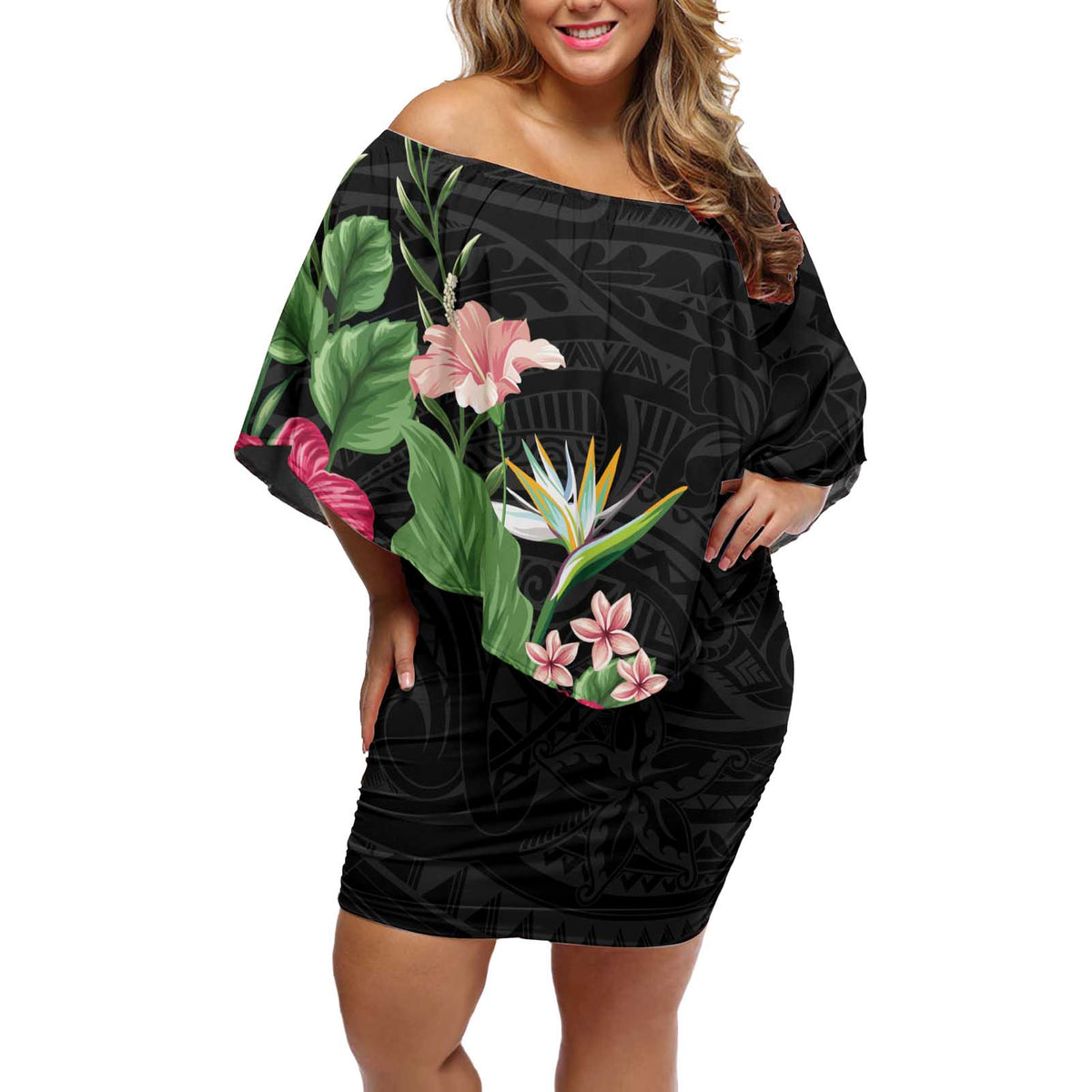 Hawaii Tropical Flowers Off Shoulder Short Dress Polynesian Tattoo Black LT05 Women Black - Polynesian Pride