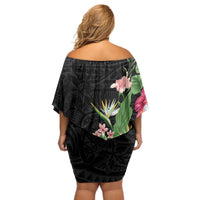 Hawaii Tropical Flowers Off Shoulder Short Dress Polynesian Tattoo Black LT05 - Polynesian Pride