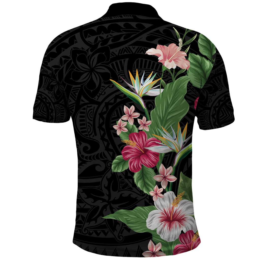 Hawaii Tropical Flowers Polo Shirt Polynesian Tattoo Black