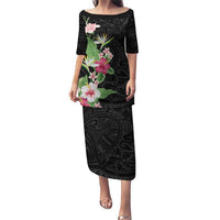 Hawaii Tropical Flowers Puletasi Polynesian Tattoo Black LT05 Long Dress Black - Polynesian Pride
