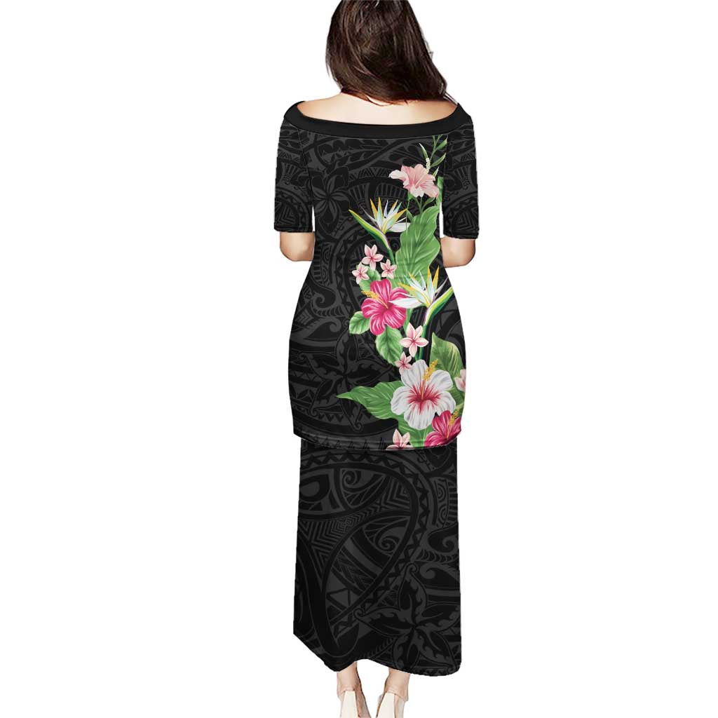Hawaii Tropical Flowers Puletasi Polynesian Tattoo Black LT05 - Polynesian Pride