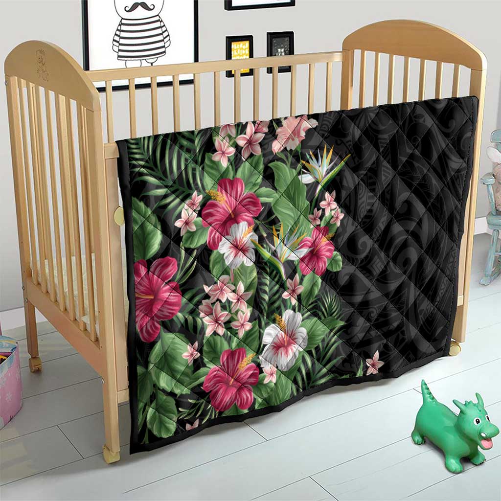 Hawaii Tropical Flowers Quilt Polynesian Tattoo Black
