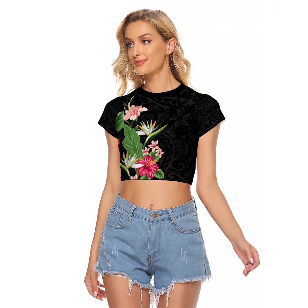 Hawaii Tropical Flowers Raglan Cropped T Shirt Polynesian Tattoo Black LT05 Female Black - Polynesian Pride