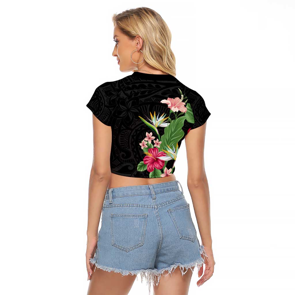 Hawaii Tropical Flowers Raglan Cropped T Shirt Polynesian Tattoo Black LT05 - Polynesian Pride